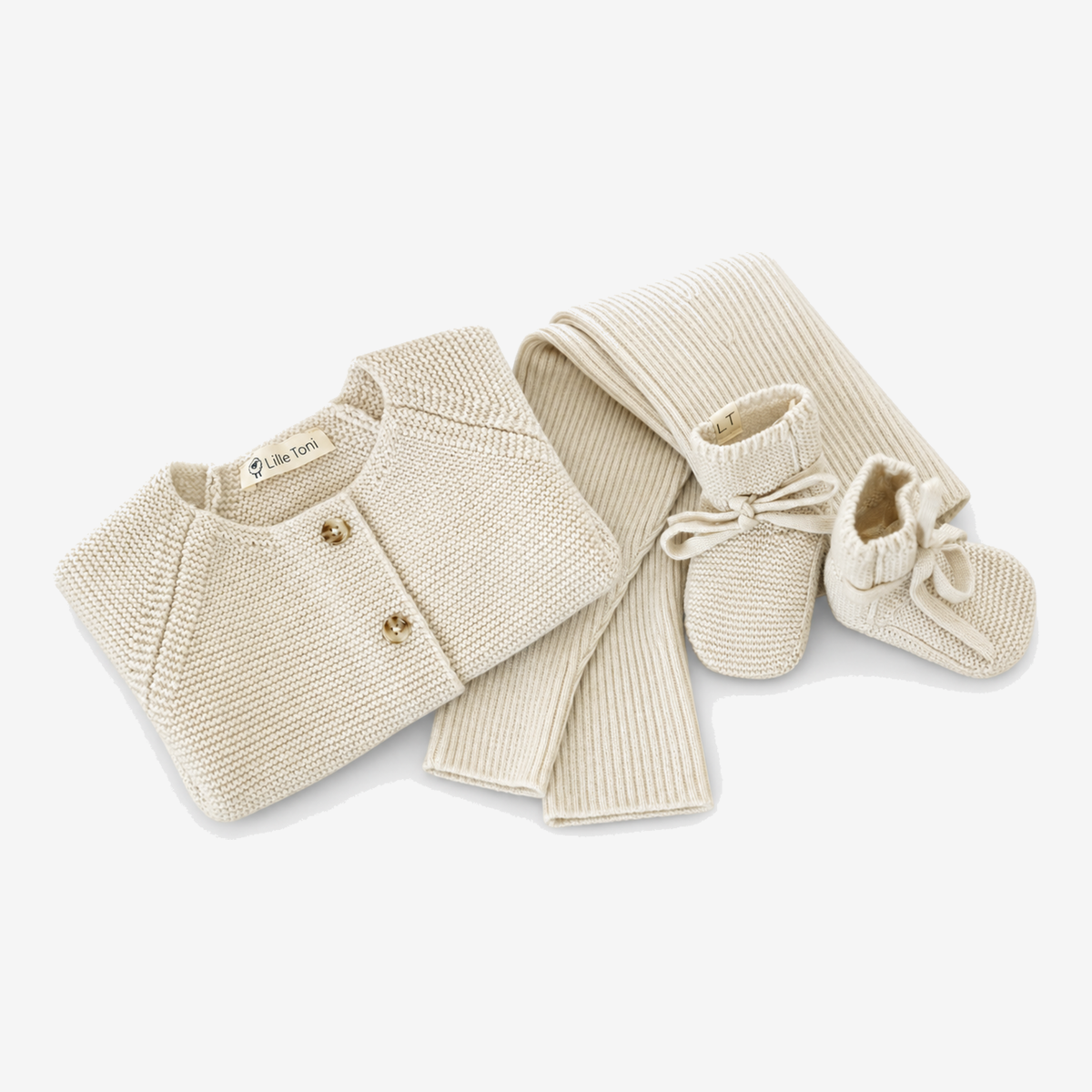 Geschenkset aus Cardigan, Leggings, Schuhe und gratis Geschenkkarton in creme