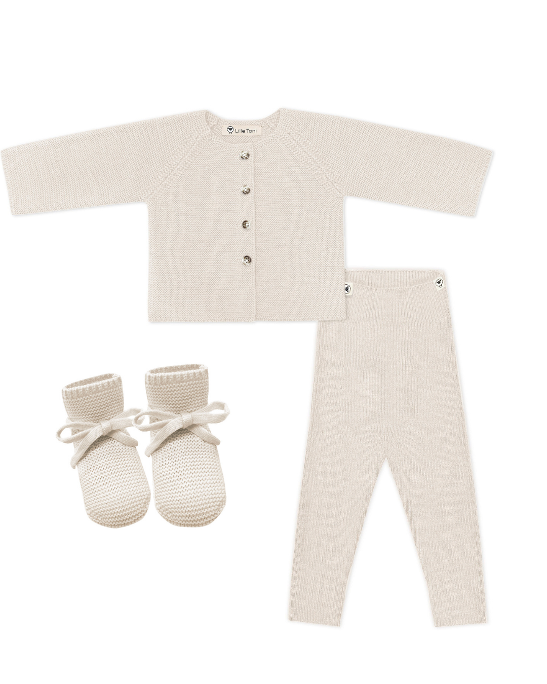 Baby Erstausstattung Set in creme: Cardigan, Leggings, Schuhe gratis Geschenkkarton