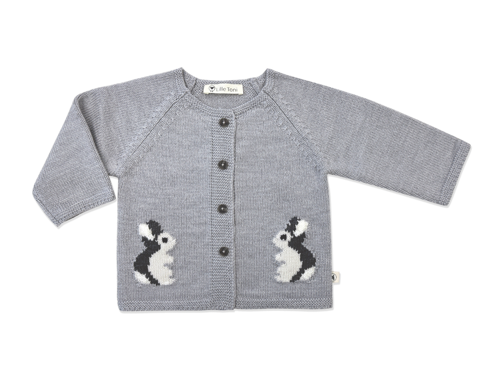 Cardigan in grau melange aus Merinowolle mit Hasenmotiv