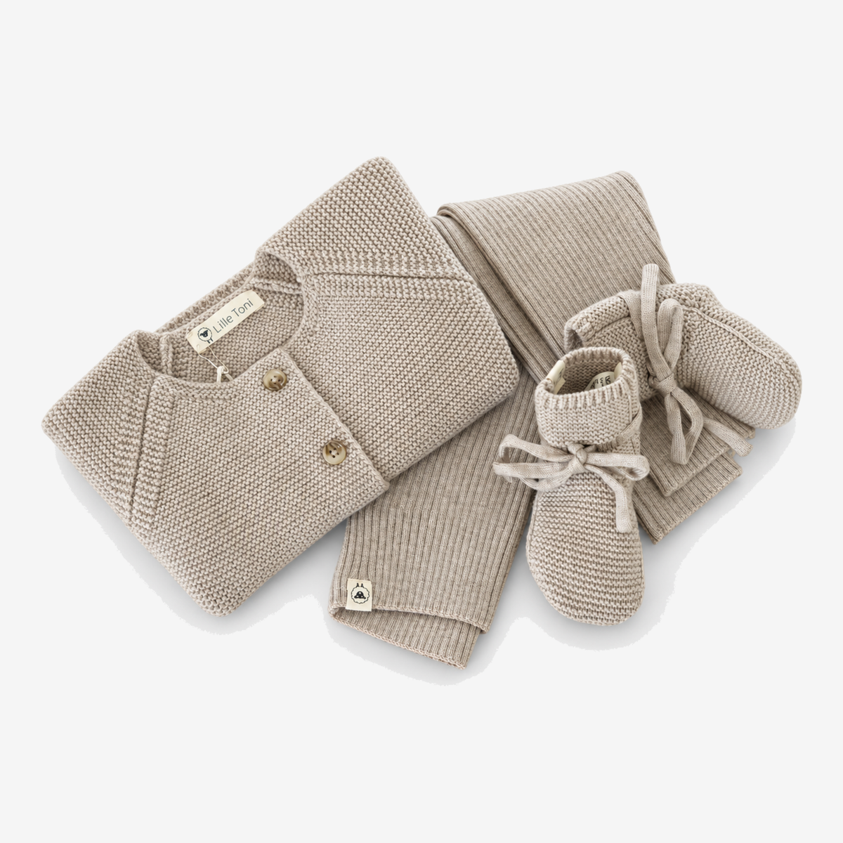 Geschenkset aus Cardigan, Leggings, Schuhe und gratis Geschenkkarton in camel melange